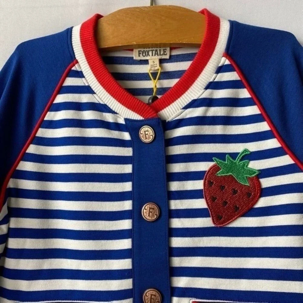 Finding Foxtale Girls Varsity Bomber Jacket‎ 8 Navy Striped Strawberry Blokecore